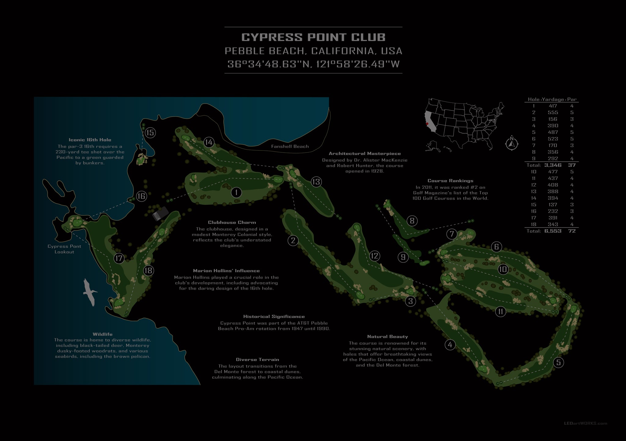 A Symphony in Sand and Cypress – Illuminated Golf Course Map Art