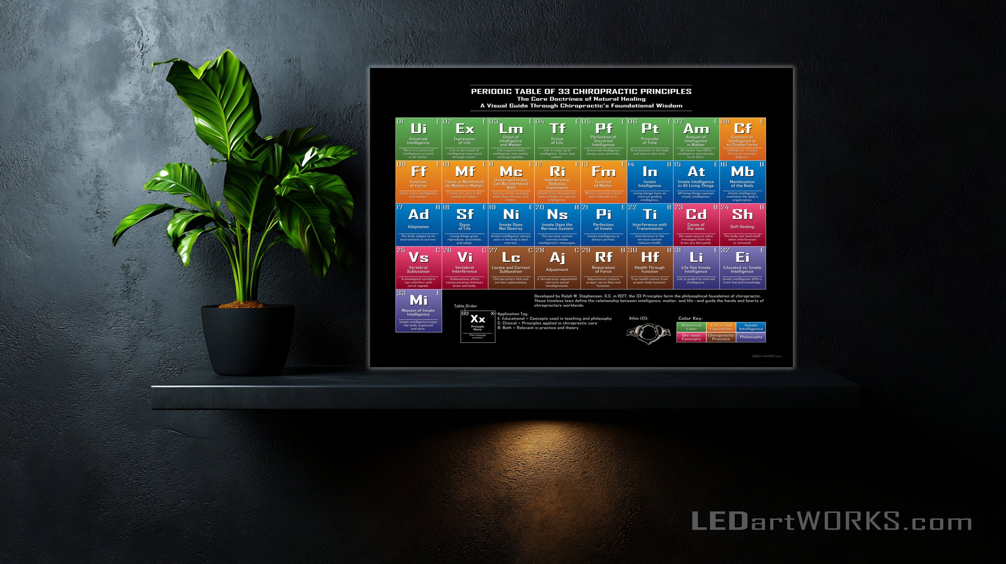 Periodic Table of 33 Chiropractic Principles – Illuminated Chiropractic Philosophy Wall Art