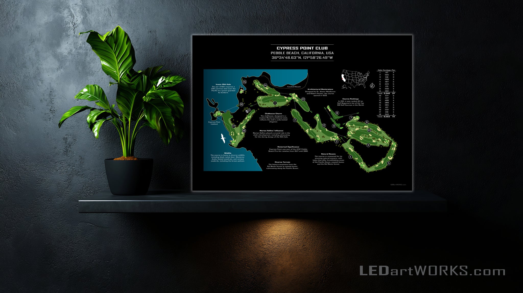 A Symphony in Sand and Cypress – Illuminated Golf Course Map Art