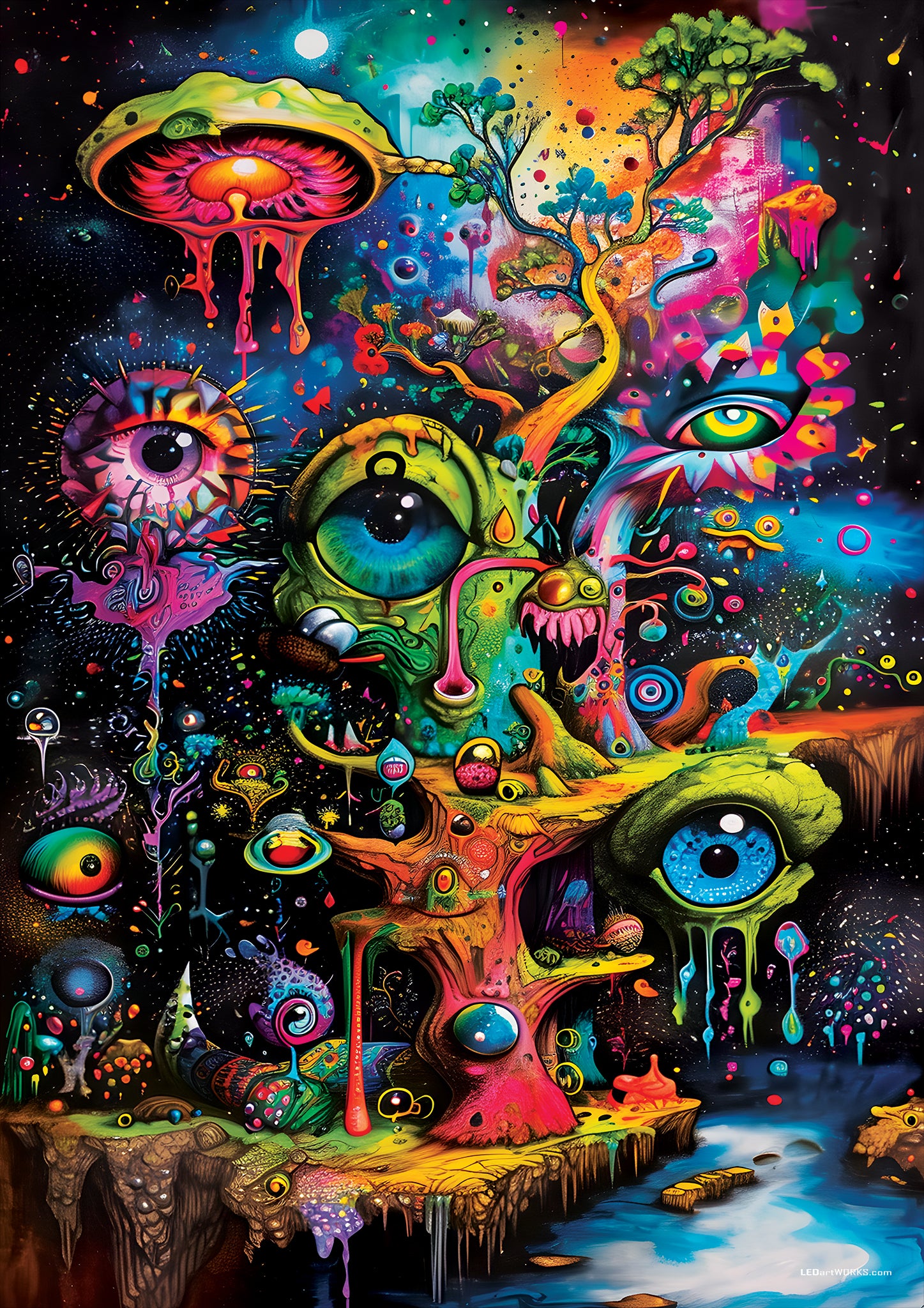 The Watcher’s Garden – Illuminated Cosmic Surrealism Art